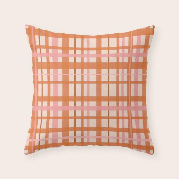 Retro Modern Plaid Pattern Pink Orange Cream Throw Pillow Gallery Image 1