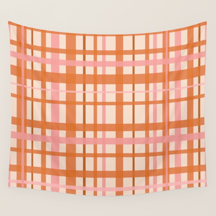 Retro Modern Plaid Pattern Pink Orange Cream Wall Tapestry Gallery Image 4