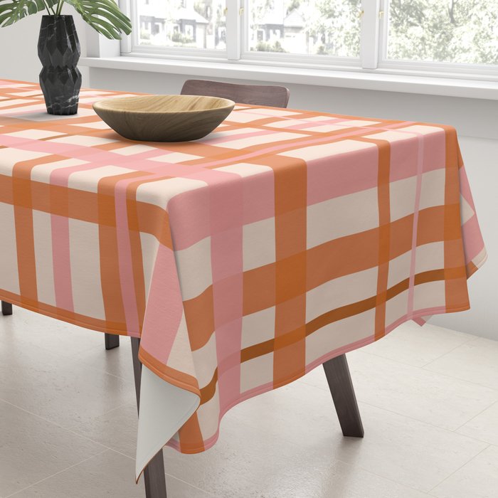 Retro Modern Plaid Pattern Pink Orange Cream Tablecloth Gallery Image 3