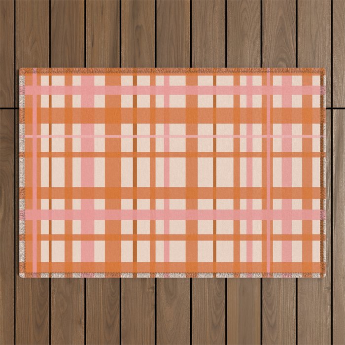 Retro Modern Plaid Pattern Pink Orange Cream Outdoor Rug Gallery Image 1