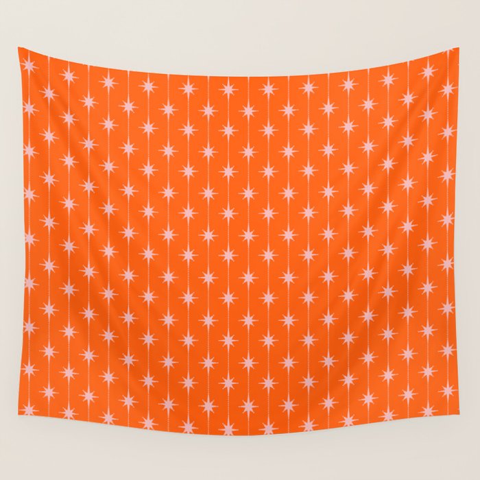 Midcentury Stars and Dots Classic Pattern in Orange and Blush Pink Wall Tapestry Gallery Image 1