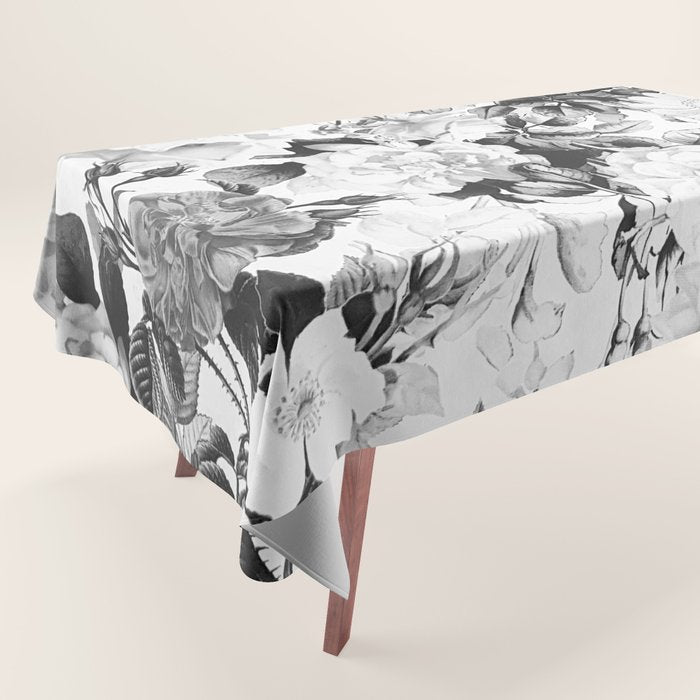 Black gray modern watercolor roses floral pattern Tablecloth Gallery Image 1