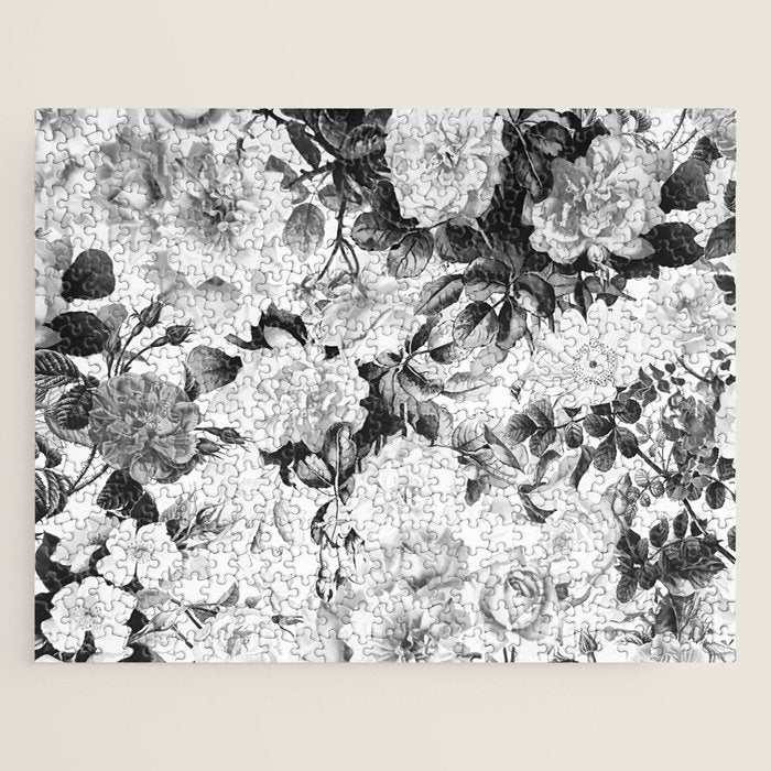 Black gray modern watercolor roses floral pattern Jigsaw Puzzle Gallery Image 1