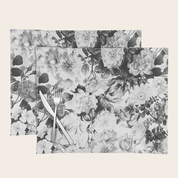 Black gray modern watercolor roses floral pattern Placemat Gallery Image 1