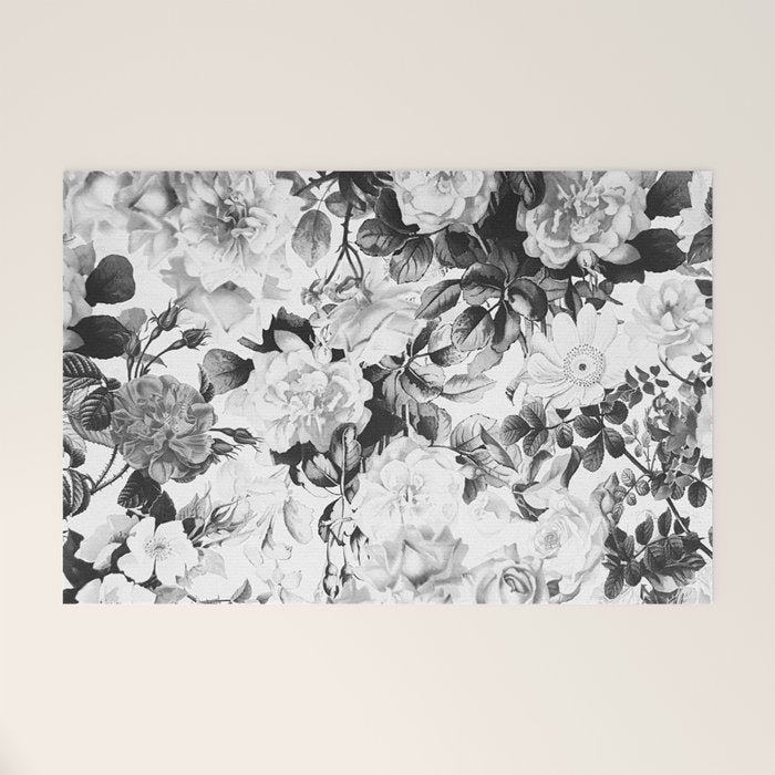 Black gray modern watercolor roses floral pattern Welcome Mat Gallery Image 1