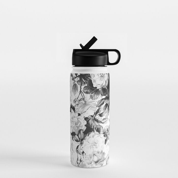 Black gray modern watercolor roses floral pattern Water Bottle Gallery Image 1