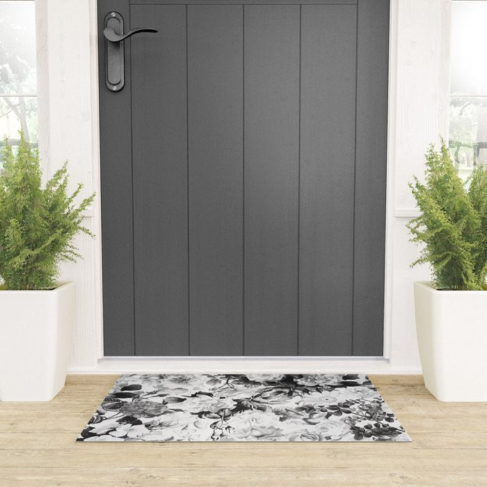 Black gray modern watercolor roses floral pattern Welcome Mat Gallery Image 3