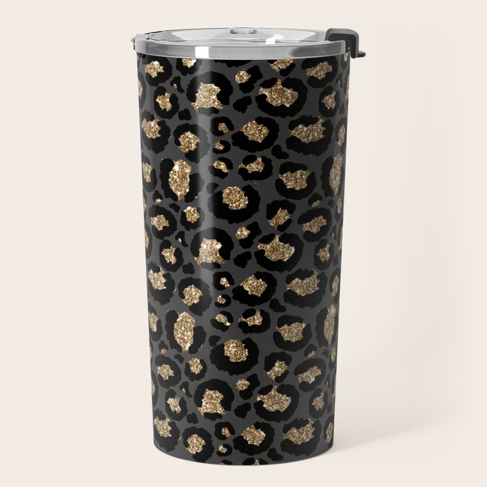 Black Gold Leopard Print Pattern Travel Mug Gallery Image 2