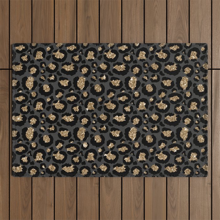 Black Gold Leopard Print Pattern Outdoor Rug Gallery Image 1