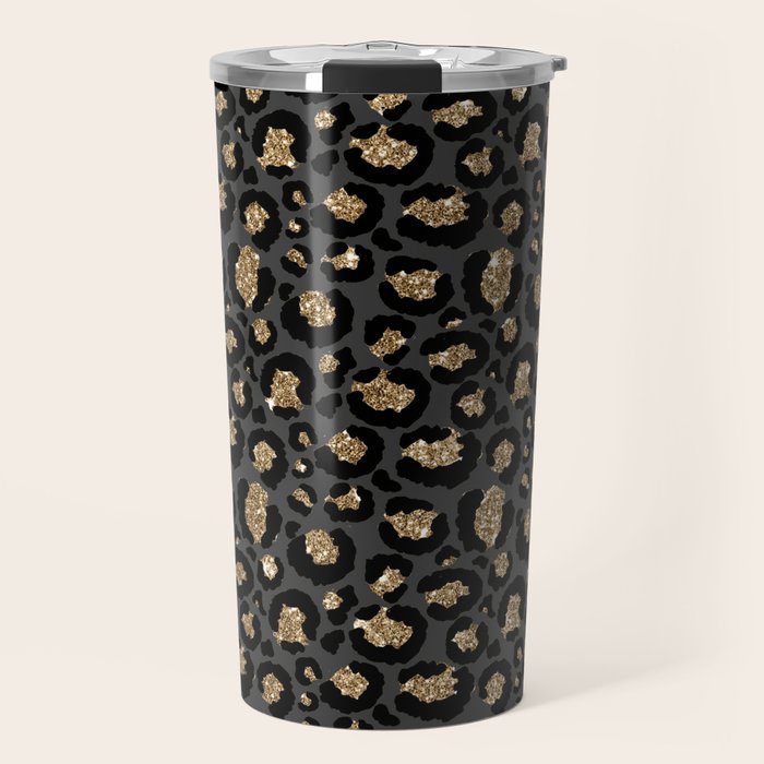 Black Gold Leopard Print Pattern Travel Mug Gallery Image 1