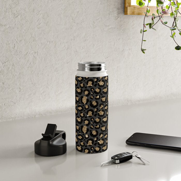 Black Gold Leopard Print Pattern Water Bottle Gallery Image 4