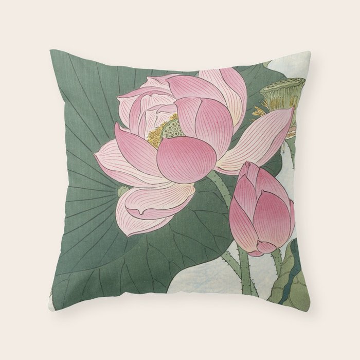 Flowering lotus flowers, Ohara Koson Throw Pillow Gallery Image 1