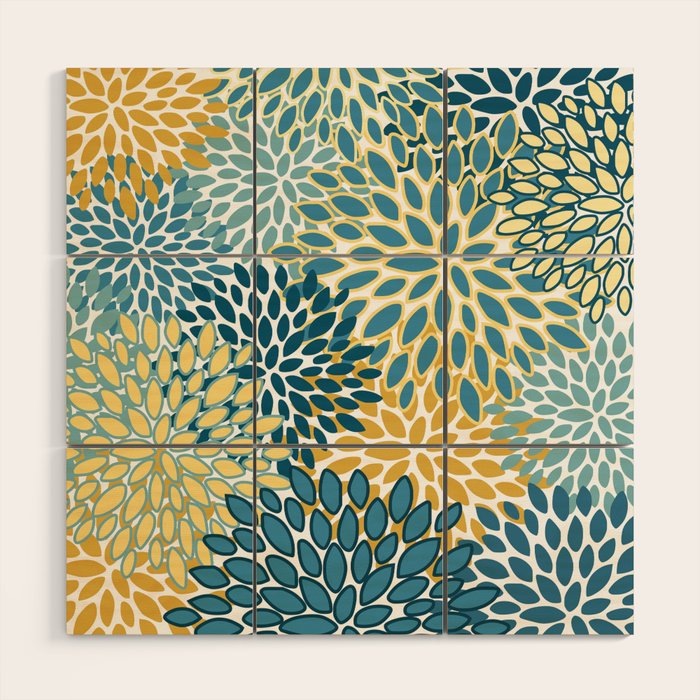 Modern Floral Prints, Teal and Yellow Wood Wall Art Gallery Image 1