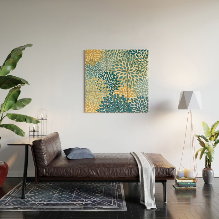 Modern Floral Prints, Teal and Yellow Wood Wall Art Gallery Image 2