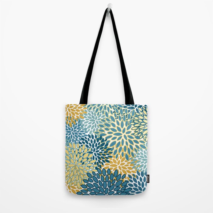 Modern Floral Prints, Teal and Yellow Tote Bag Gallery Image 2