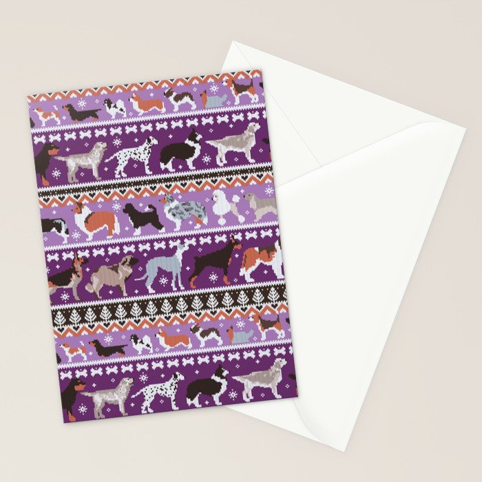 Fluffy and bright fair isle knitting doggie friends // seance purple and east side violet background brown orange white and grey dog breeds  Stationery Card Gallery Image 2