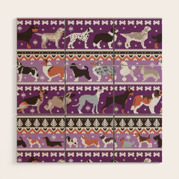 Fluffy and bright fair isle knitting doggie friends // seance purple and east side violet background brown orange white and grey dog breeds  Wood Wall Art Gallery Image 1
