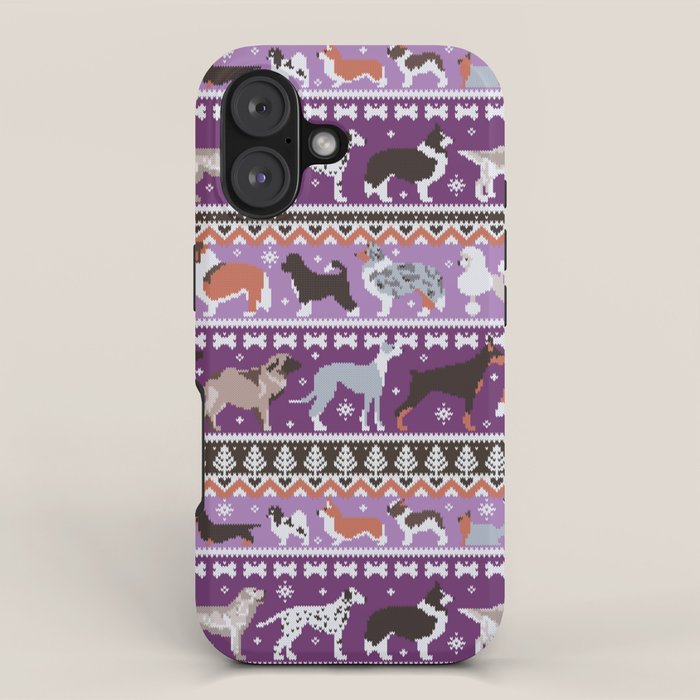 Fluffy and bright fair isle knitting doggie friends // seance purple and east side violet background brown orange white and grey dog breeds  iPhone Case Gallery Image 1