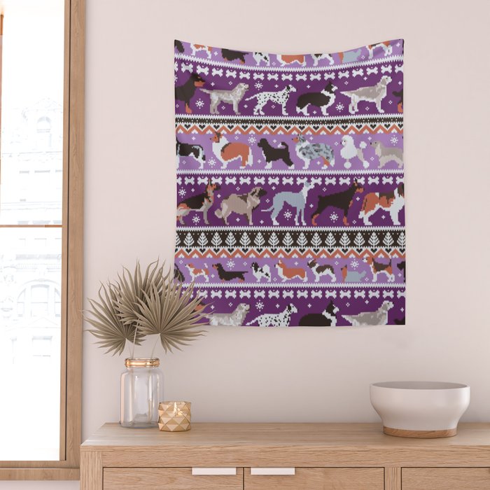 Fluffy and bright fair isle knitting doggie friends // seance purple and east side violet background brown orange white and grey dog breeds  Wall Tapestry Gallery Image 2