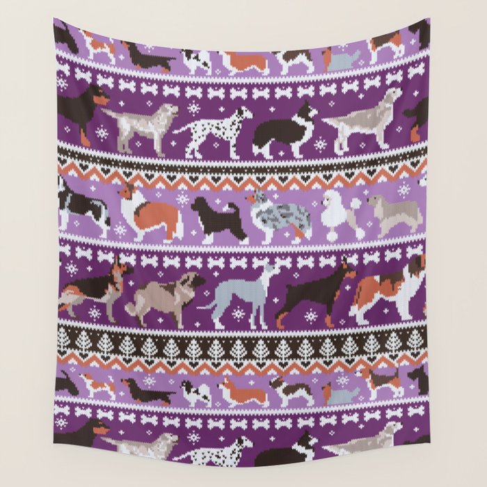 Fluffy and bright fair isle knitting doggie friends // seance purple and east side violet background brown orange white and grey dog breeds  Wall Tapestry Gallery Image 4
