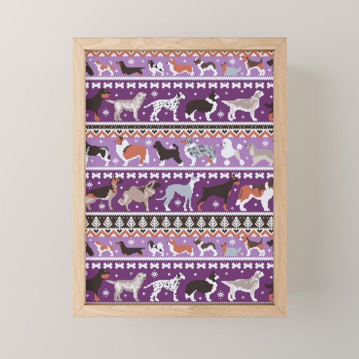 Fluffy and bright fair isle knitting doggie friends // seance purple and east side violet background brown orange white and grey dog breeds  Mini Art Print Gallery Image 1