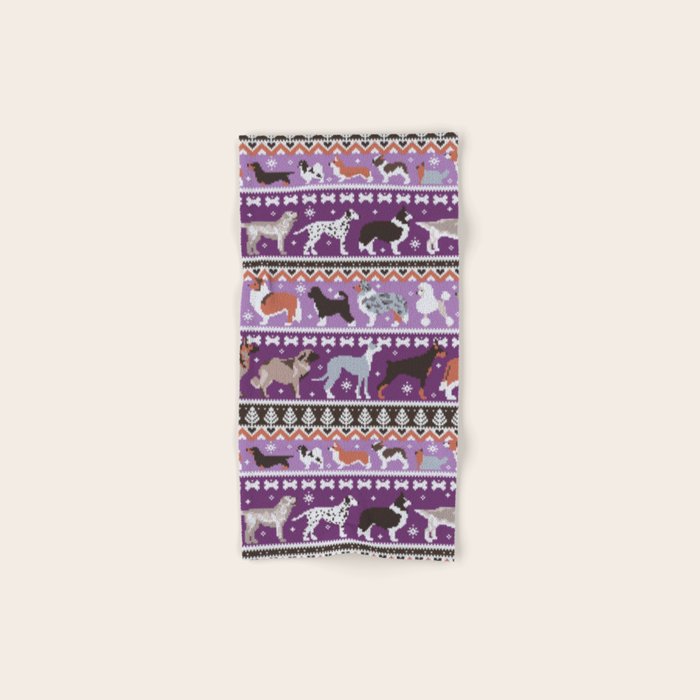 Fluffy and bright fair isle knitting doggie friends // seance purple and east side violet background brown orange white and grey dog breeds  Bath Towel Gallery Image 1