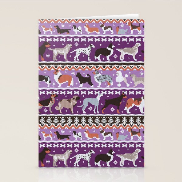 Fluffy and bright fair isle knitting doggie friends // seance purple and east side violet background brown orange white and grey dog breeds  Stationery Card Gallery Image 2