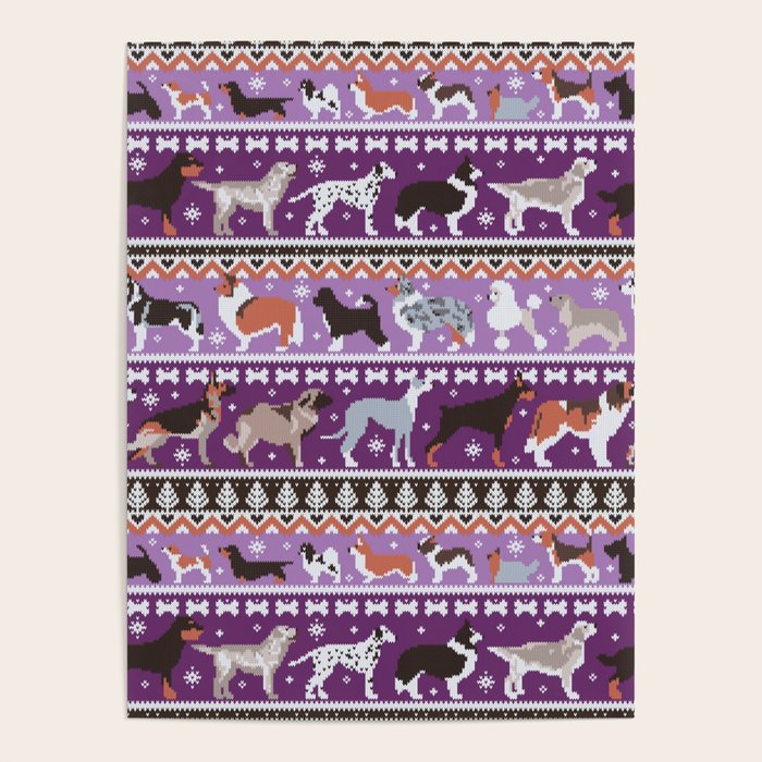 Fluffy and bright fair isle knitting doggie friends // seance purple and east side violet background brown orange white and grey dog breeds  Poster Gallery Image 1