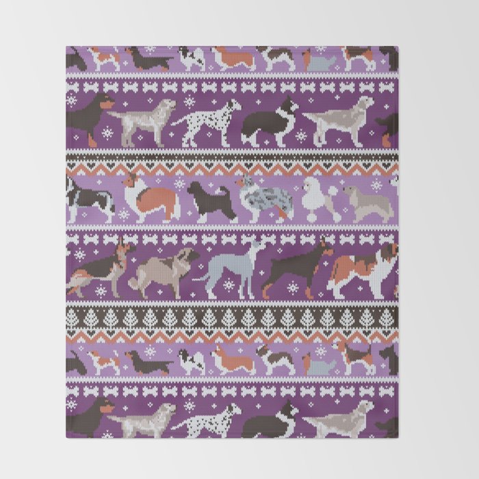 Fluffy and bright fair isle knitting doggie friends // seance purple and east side violet background brown orange white and grey dog breeds  Throw Blanket Gallery Image 2
