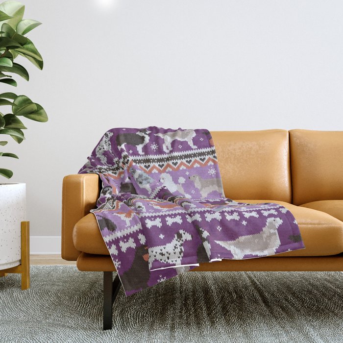 Fluffy and bright fair isle knitting doggie friends // seance purple and east side violet background brown orange white and grey dog breeds  Throw Blanket Gallery Image 1