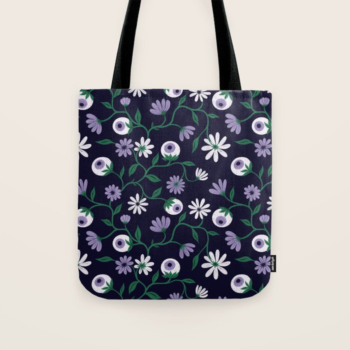 Dark Gothic Floral Garden Flowers and Eyes Creepy Halloween Tote Bag Gallery Image 1