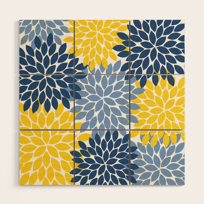 Blue Yellow Flower Burst Floral Pattern Wood Wall Art Gallery Image 1