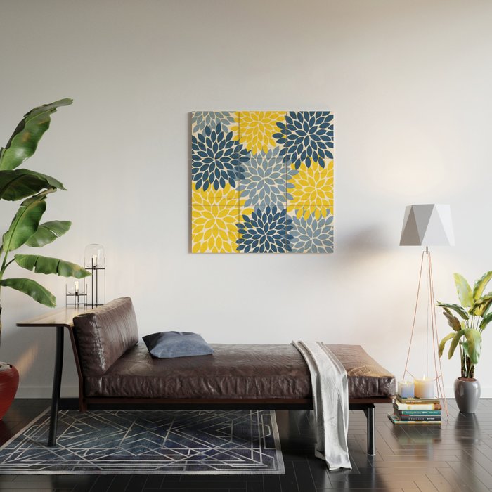 Blue Yellow Flower Burst Floral Pattern Wood Wall Art Gallery Image 2