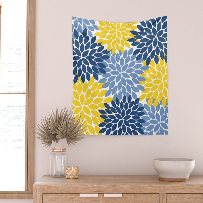 Blue Yellow Flower Burst Floral Pattern Wall Tapestry Gallery Image 2
