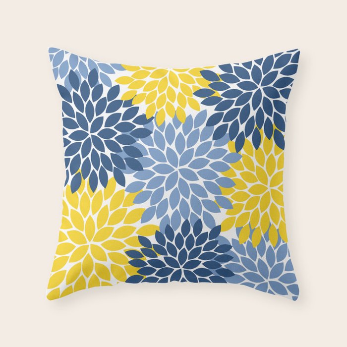 Blue Yellow Flower Burst Floral Pattern Throw Pillow