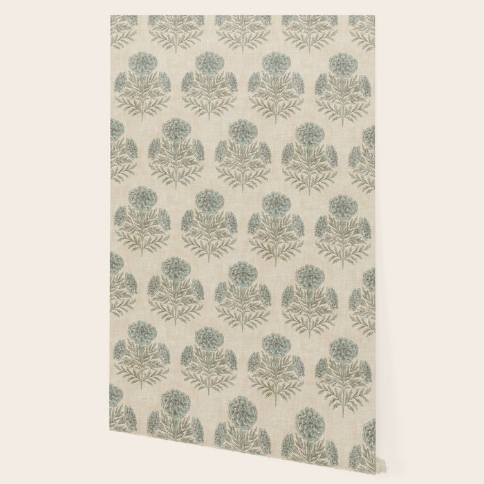 Marigold - sage and dusty blue on linen Wallpaper Gallery Image 2