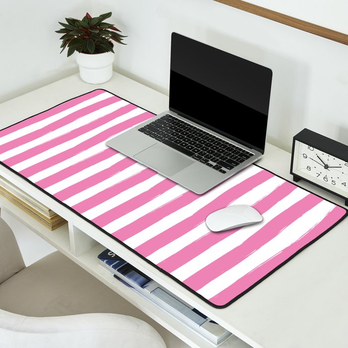 Pink and White Cabana Stripes Palm Beach Preppy Desk Mat Gallery Image 2