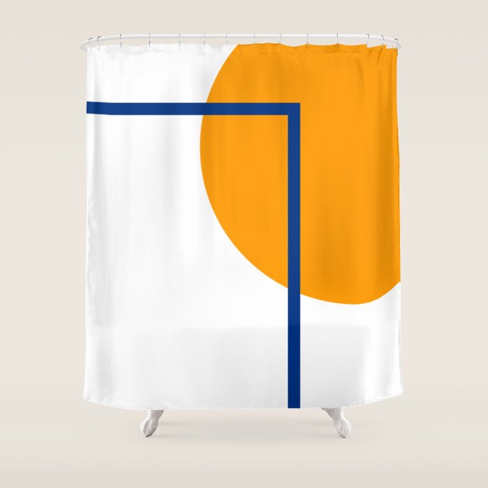 Fusion Abstract Modern Geometric Minimalist Pattern in White, Navy Blue, and Orange Yellow Marigold Shower Curtain Gallery Image 1