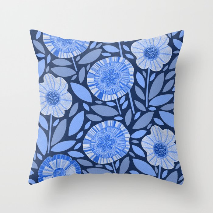 Folk Floral Blossoms in Midnight Blue Throw Pillow Gallery Image 1