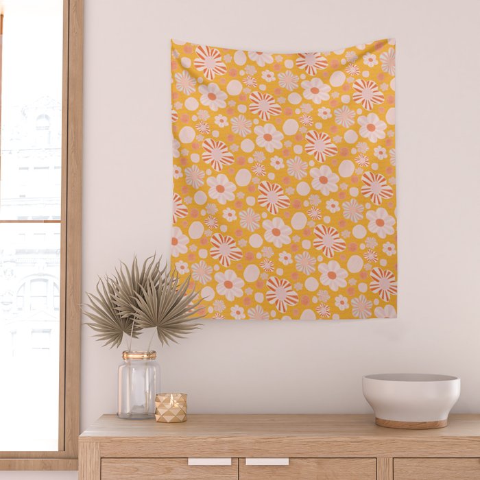 Pop Art Stripe Flowers in Retro Tangerine Wall Tapestry Gallery Image 2