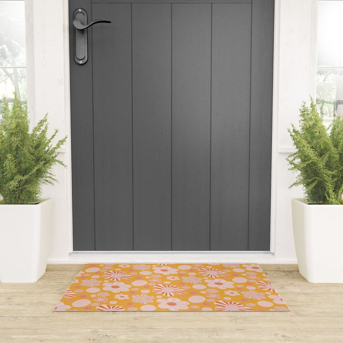 Pop Art Stripe Flowers in Retro Tangerine Welcome Mat Gallery Image 3