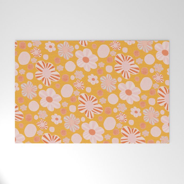 Pop Art Stripe Flowers in Retro Tangerine Welcome Mat Gallery Image 1