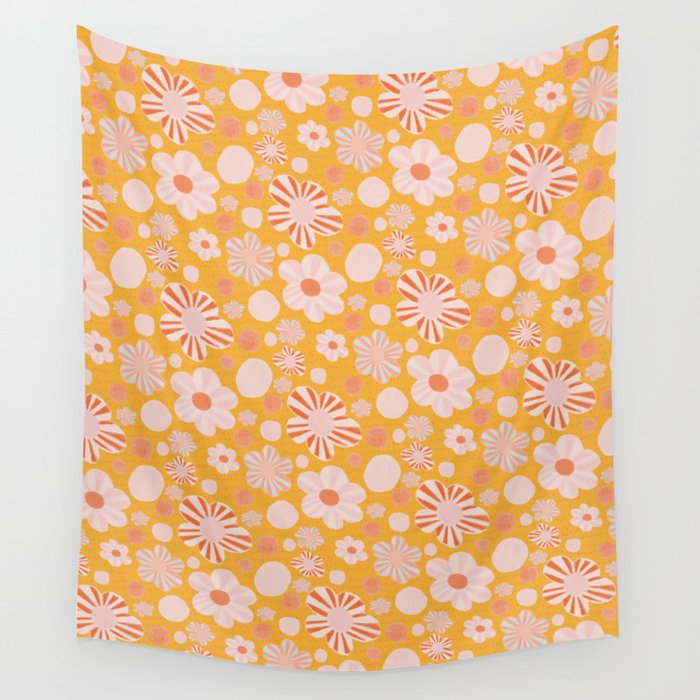 Pop Art Stripe Flowers in Retro Tangerine Wall Tapestry Gallery Image 4