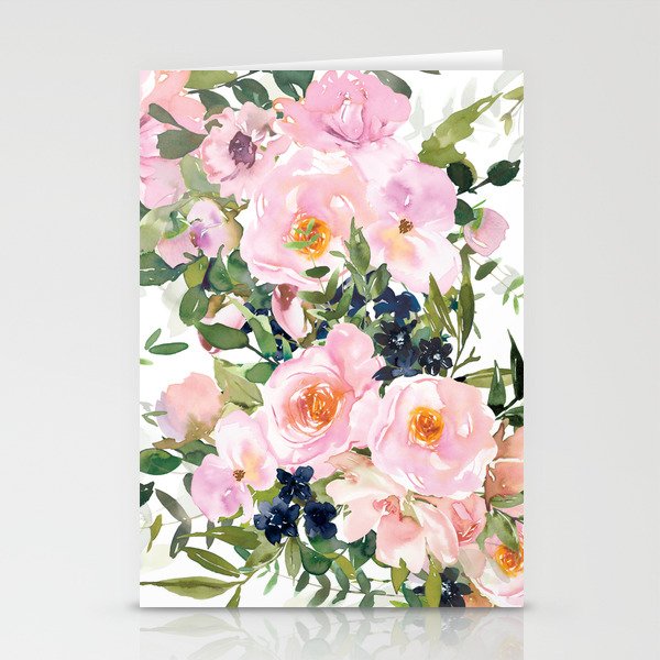 Festive, Floral Watercolor Rose Garden, Pink and White Stationery Card Gallery Image 2
