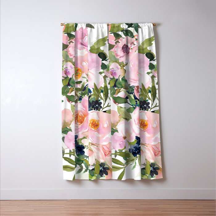 Festive, Floral Watercolor Rose Garden, Pink and White Window Curtain Gallery Image 3