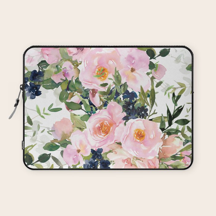 Festive, Floral Watercolor Rose Garden, Pink and White Laptop Sleeve Gallery Image 1