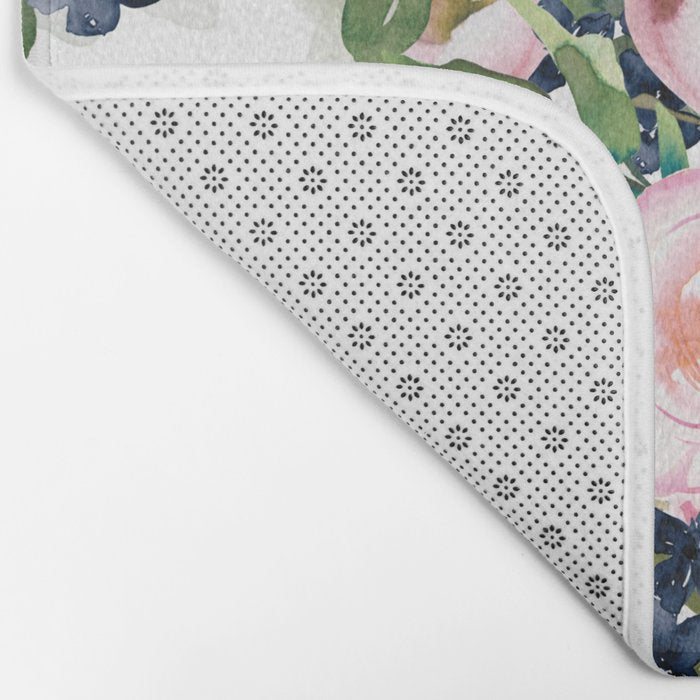 Festive, Floral Watercolor Rose Garden, Pink and White Bath Mat Gallery Image 2