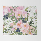Festive, Floral Watercolor Rose Garden, Pink and White Throw Blanket Gallery Image 2