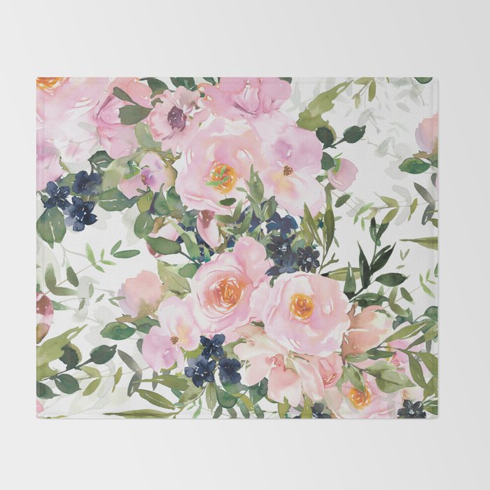 Festive, Floral Watercolor Rose Garden, Pink and White Throw Blanket Gallery Image 2