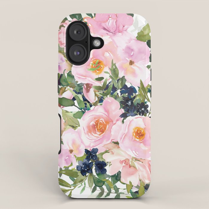 Festive, Floral Watercolor Rose Garden, Pink and White iPhone Case Gallery Image 1